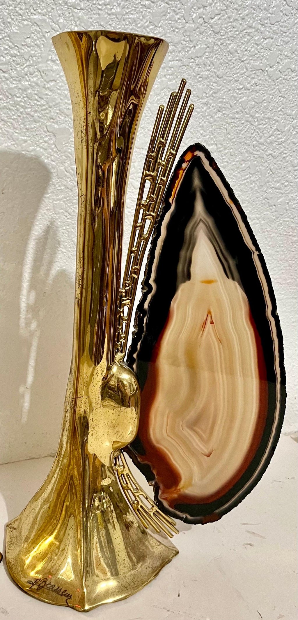 1970s French Brass & Raw Mineral Agate Specimen Sculpture Art Candlesticks Pair