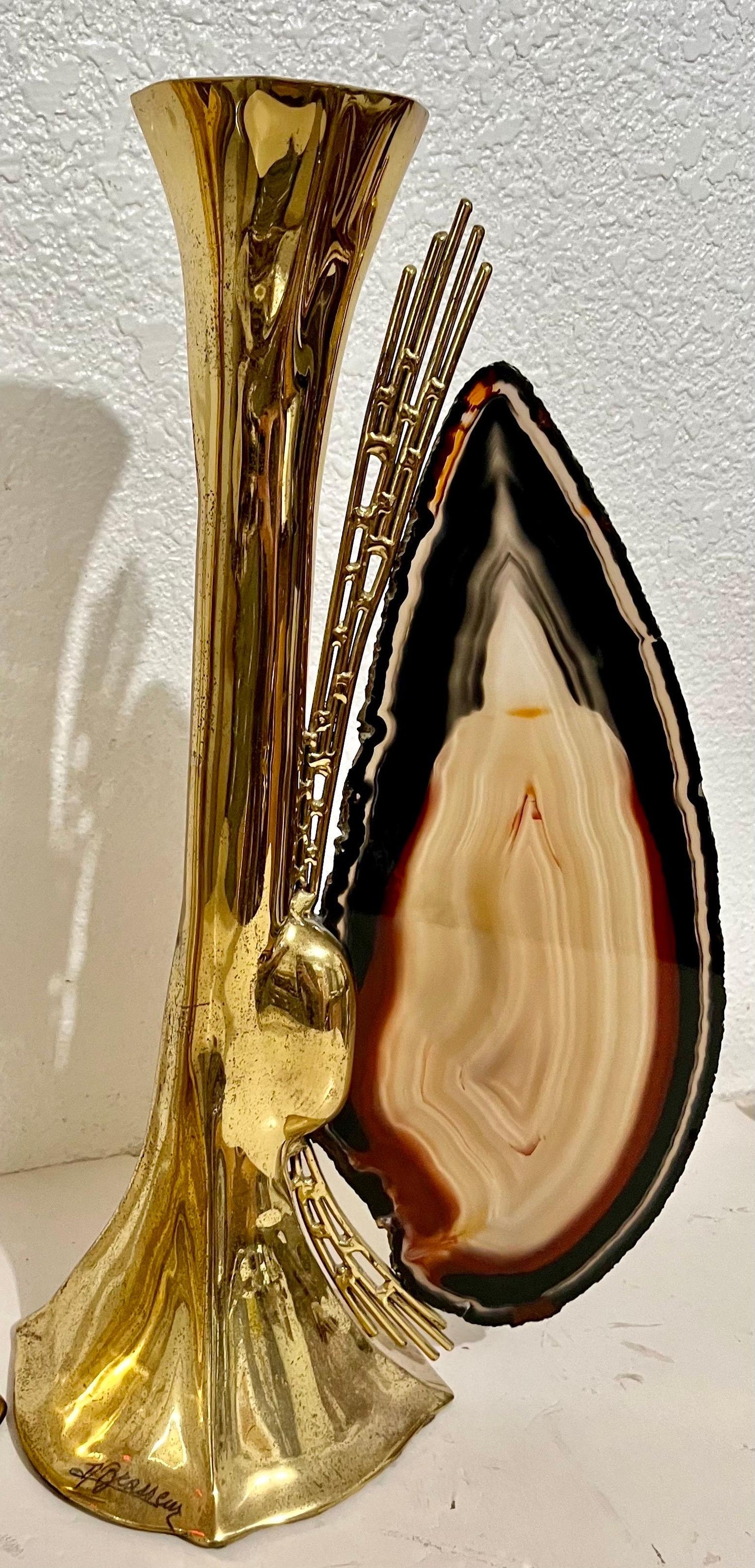 1970s French Brass & Raw Mineral Agate Specimen Sculpture Art Candlesticks Pair