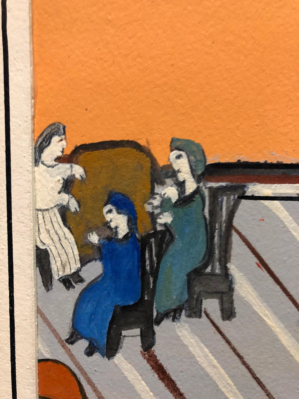 Israeli Judaica Shtetl "The Lesson" Rabbi Studying Scene Naive Art Oil Painting