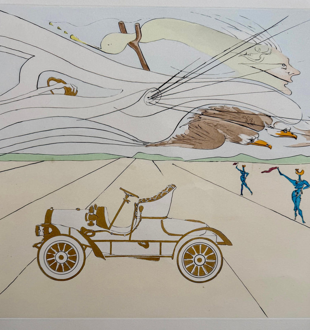 Salvador Dali Surrealist Etching Engraving Pochoir L'Automobile Da Vinci Hommage