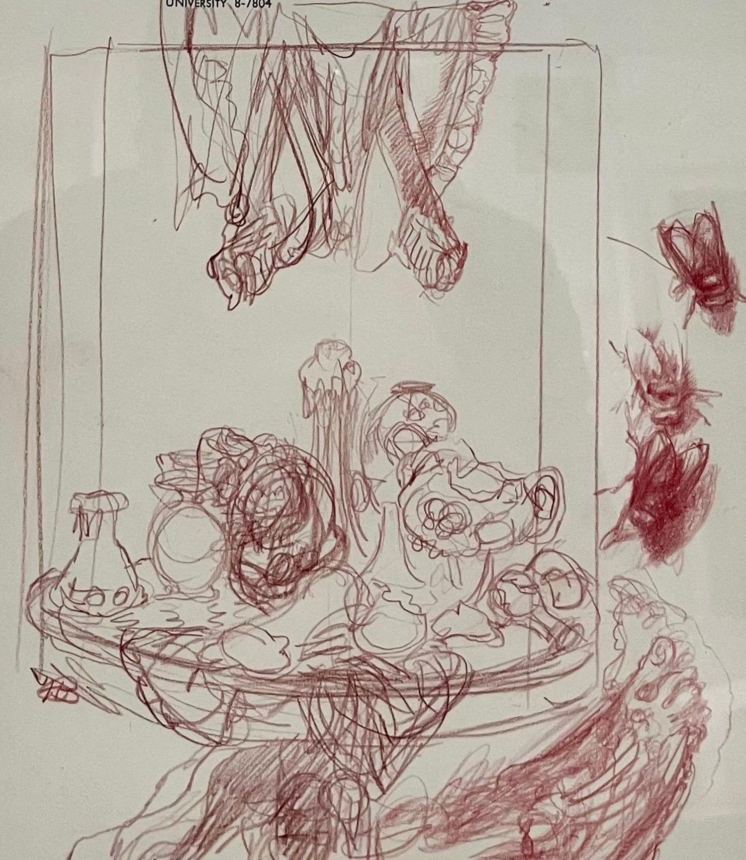 Boston Expressionist Conte Pencil Drawing "Still Life with Flies" Hyman Bloom