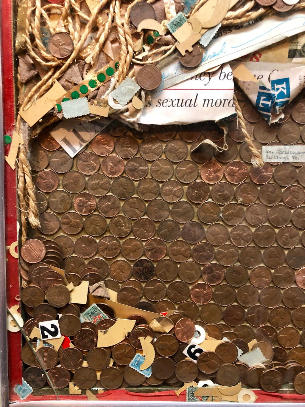 Assemblage Collage Painting/Sculpture with Pennies and Scrap Civil Rights Artist