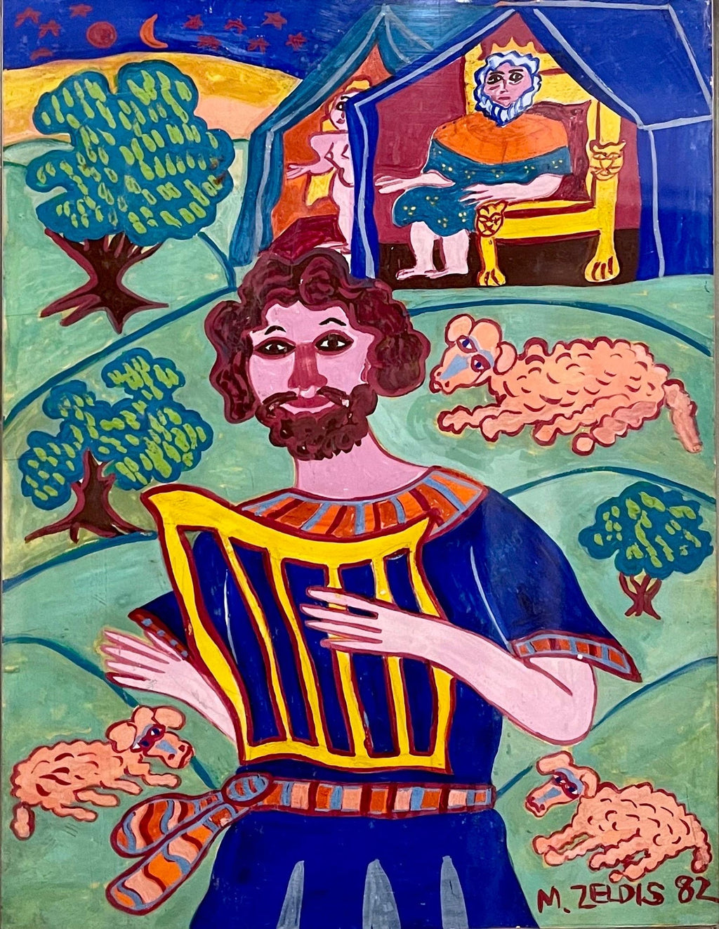 Malcah Zeldis Folk Art Gouache Painting King David Self Taught Outsider Artist