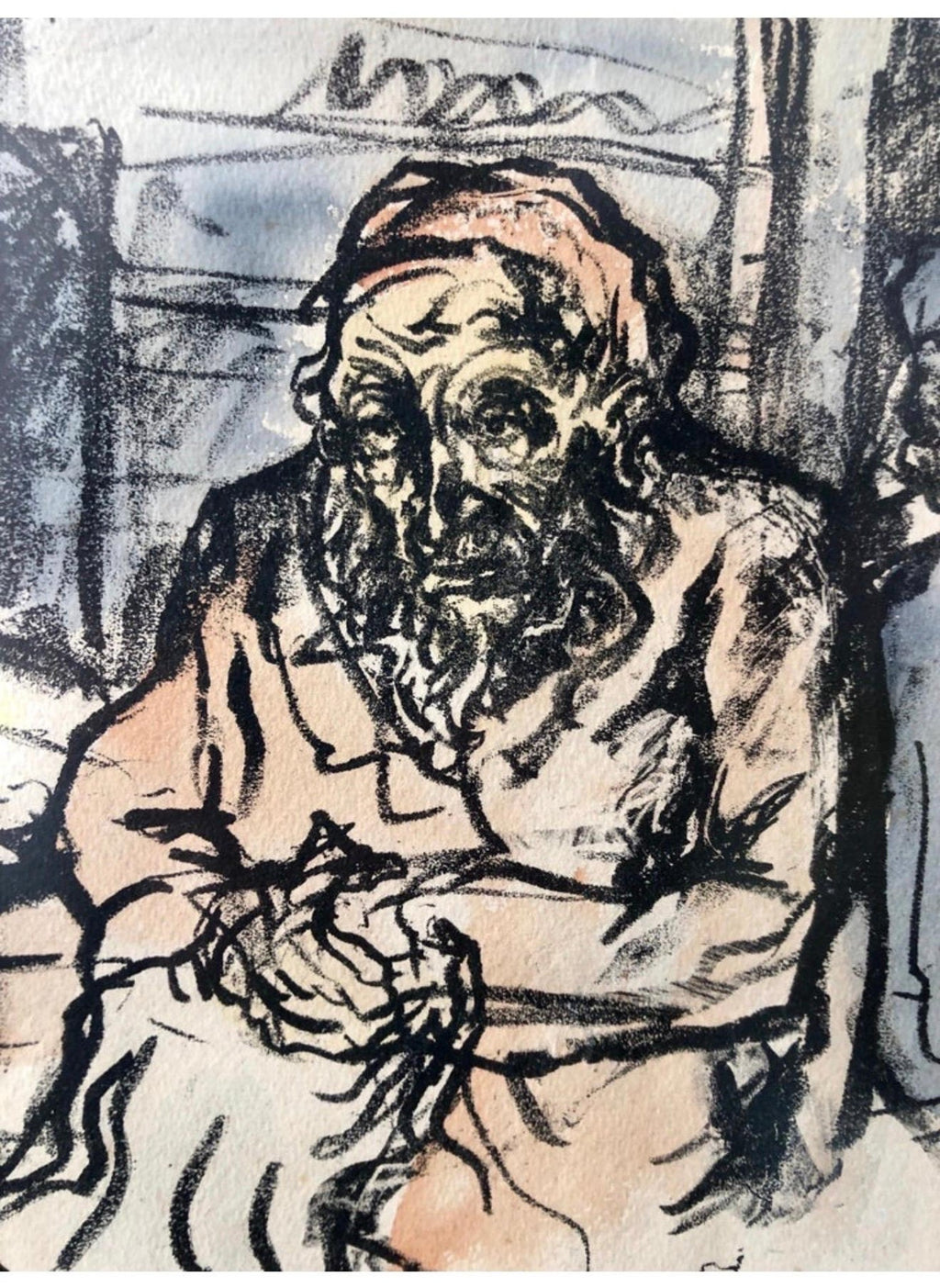 Judaica German Expressionist Watercolor Painting Lithograph Israeli Bezalel Art