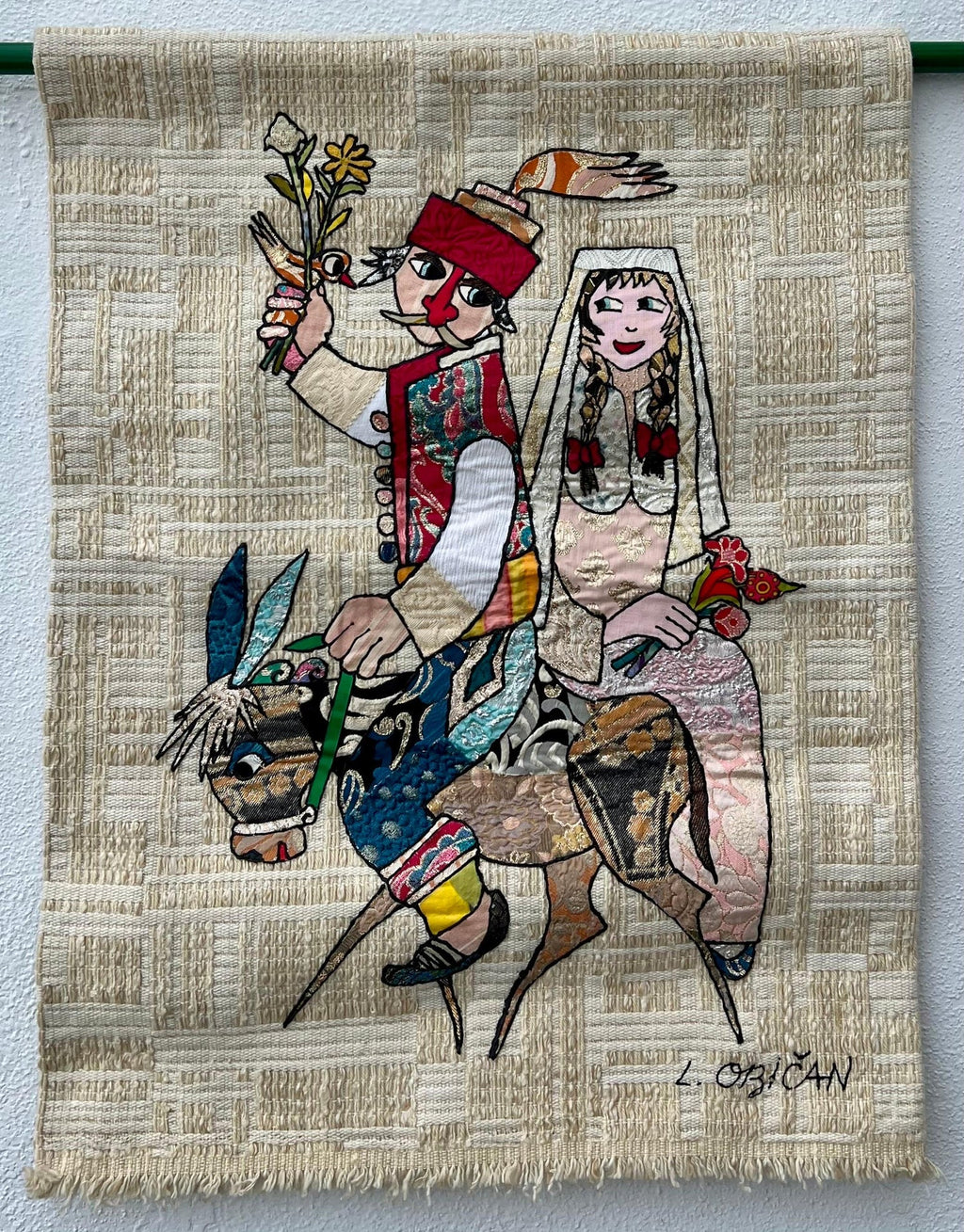 Naive European French Folk Art Jovan Lazar Obican Tapestry Wall Hanging Weaving