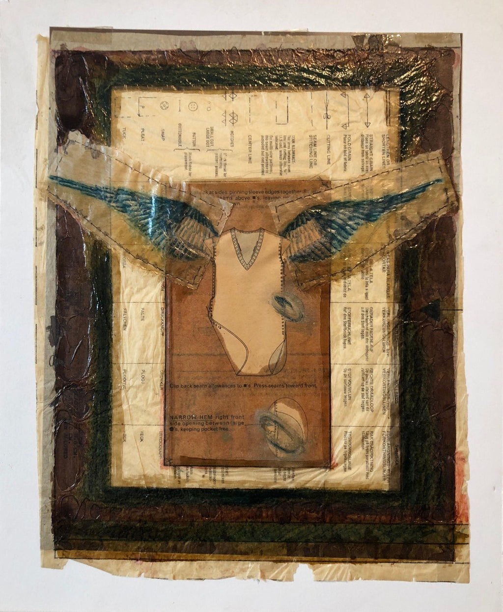 Angel Wings Mixed Media Collage Painting Assemblage Piece Stitched and Sewn
