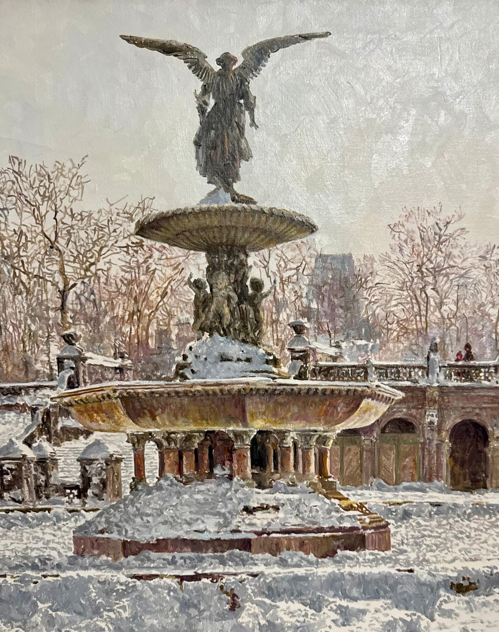 Large Oil Painting Central Park in Winter Robert Sarsony New York City in Snow