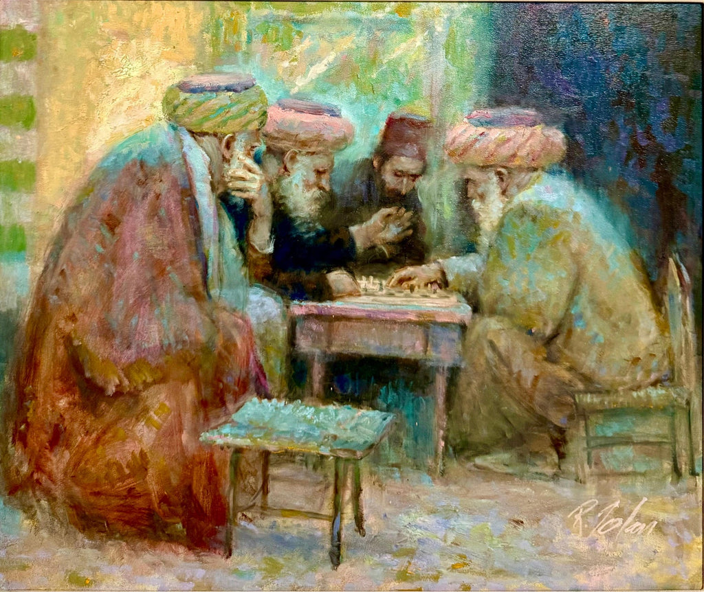 Richard Zolan Impressionist Oil Painting Judaica Sephardic Rabbi Playing Chess