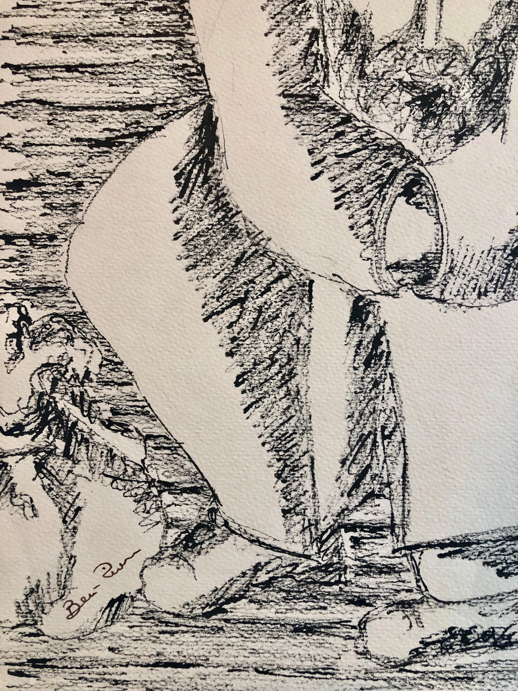Modernist Judaica Jewish Ink Drawing Painting "New Immigrant" Off the Boat WPA