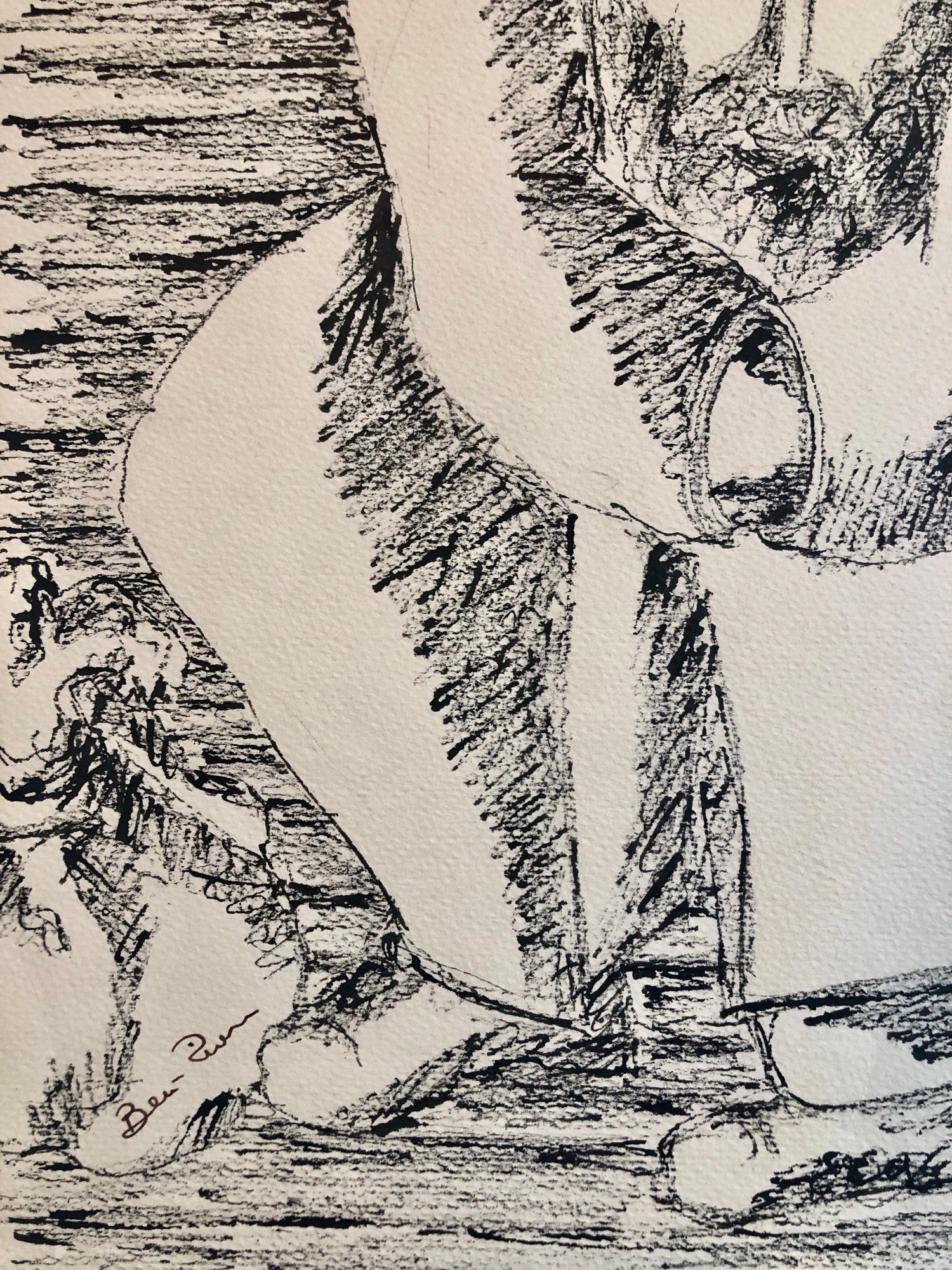 Modernist Judaica Jewish Ink Drawing Painting "New Immigrant" Off the Boat WPA
