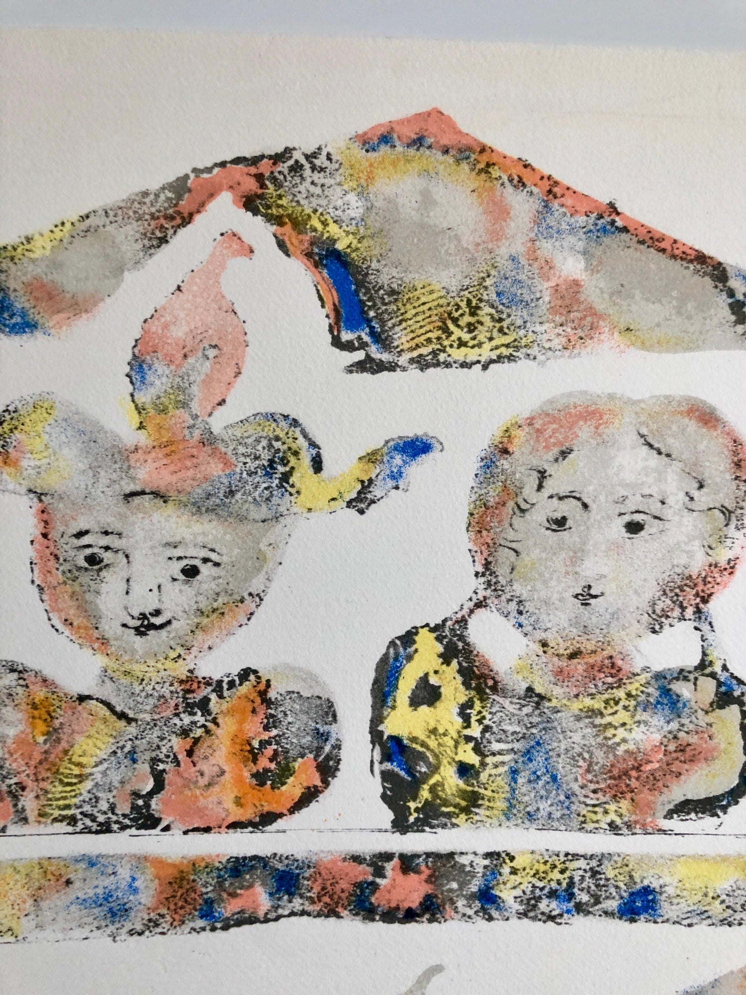 Contemporary Indian Art Master Lithograph in Color Abstract Figures with Cat