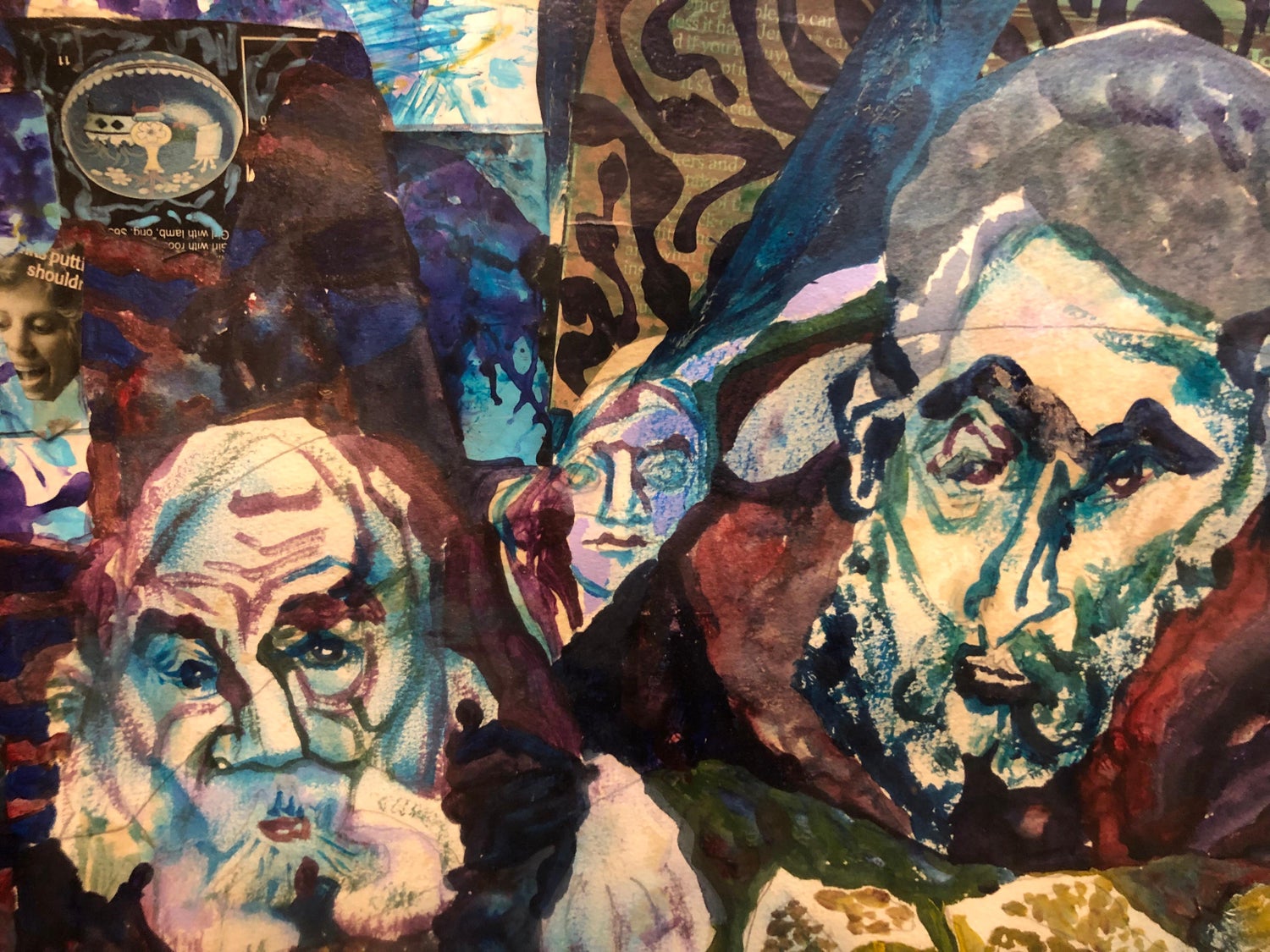 Assemblage Collage Painting Outsider Art Rabbis Studying, Jerusalem