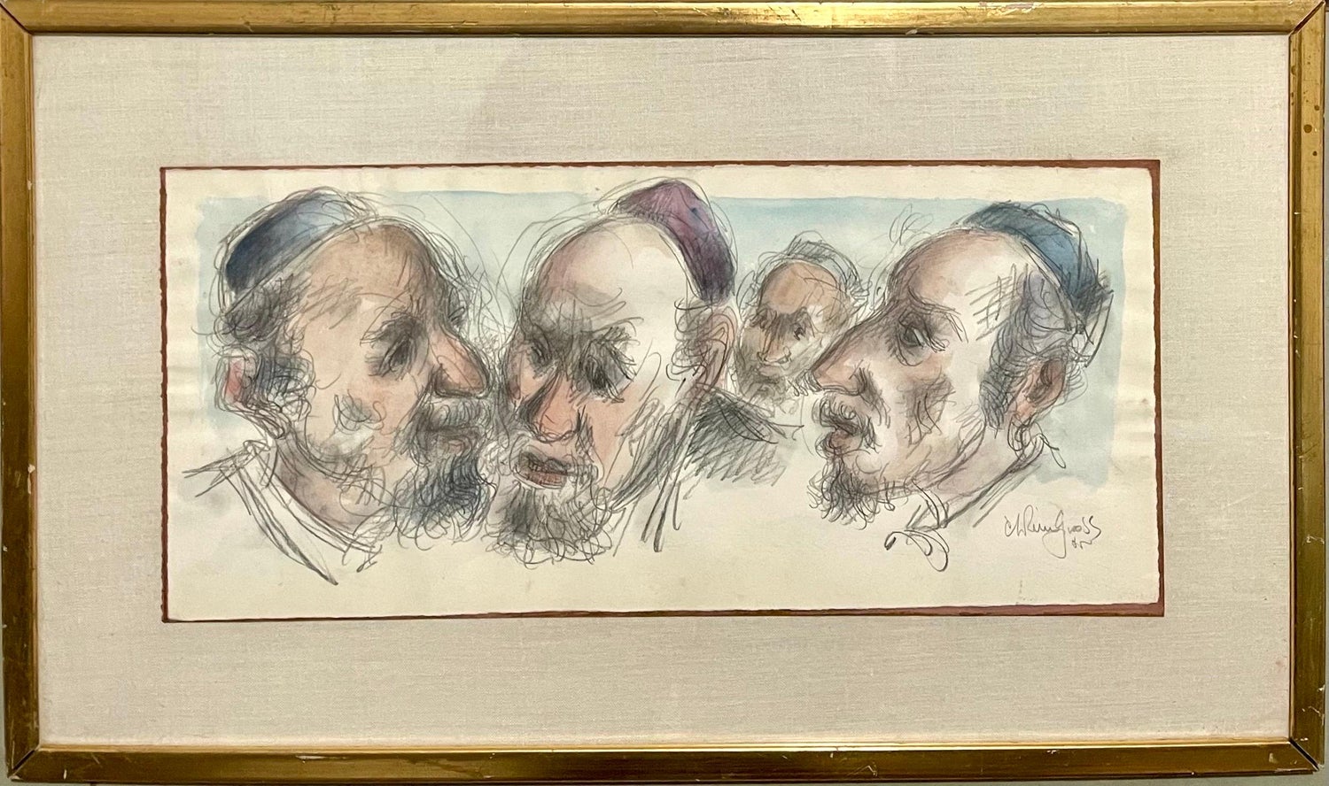 Chaim Gross Mid Century Mod Judaica Jewish Watercolor Painting Rabbis WPA Artist