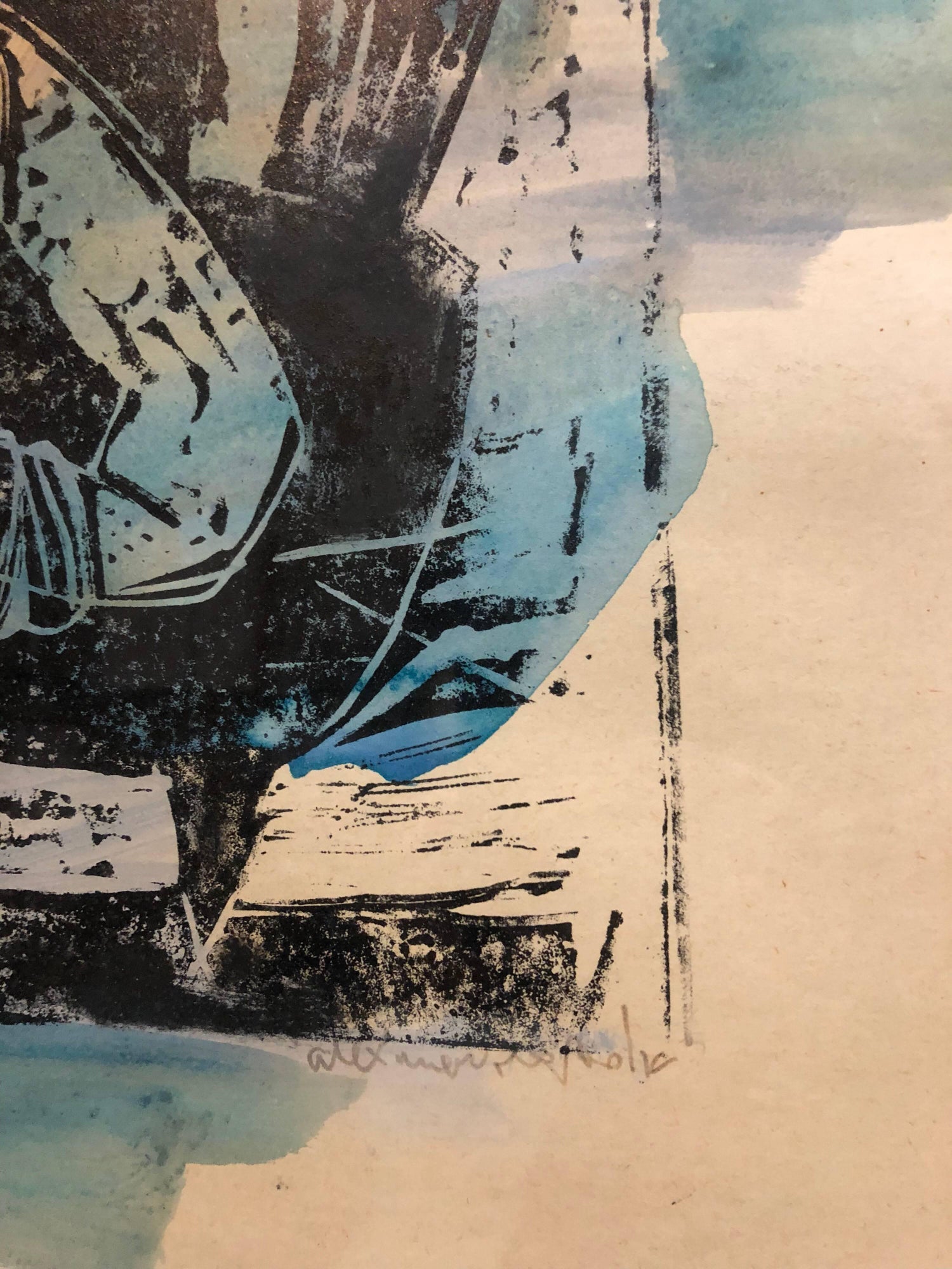 Abstract with Figures Israeli Mid Century Modernist Woodcut Watercolor Painting