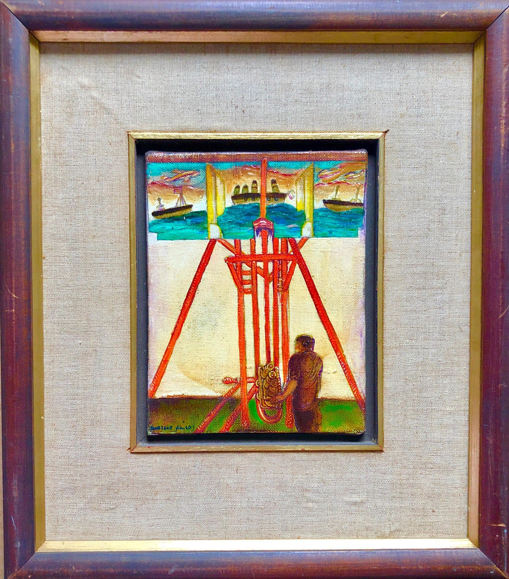 Surrealist Bulgarian French Israeli Riviera Scene Boats Oil Painting