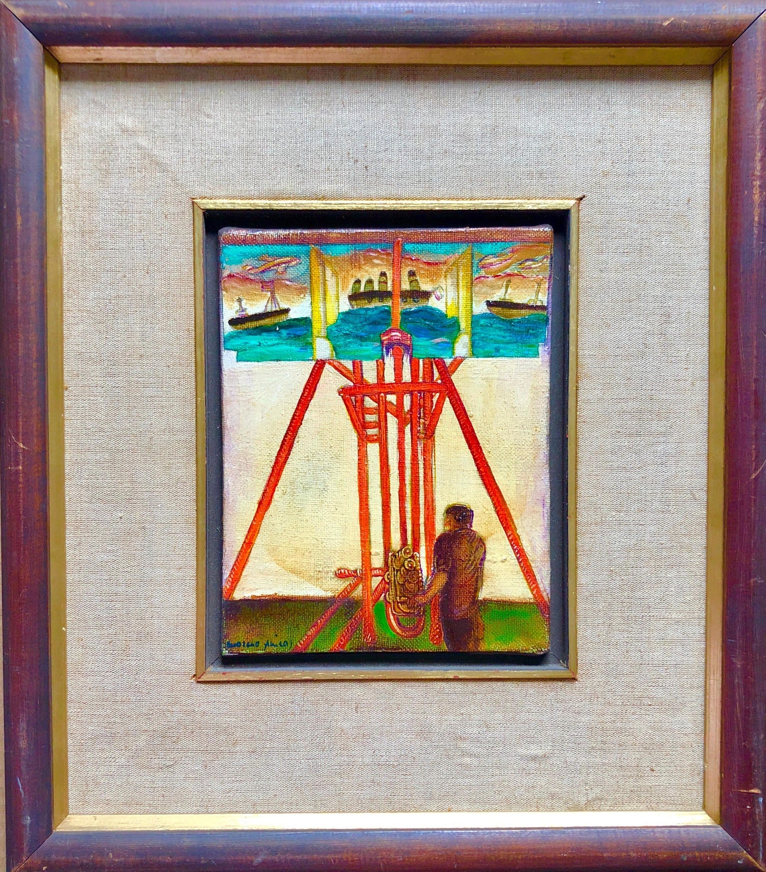 Surrealist Bulgarian French Israeli Riviera Scene Boats Oil Painting