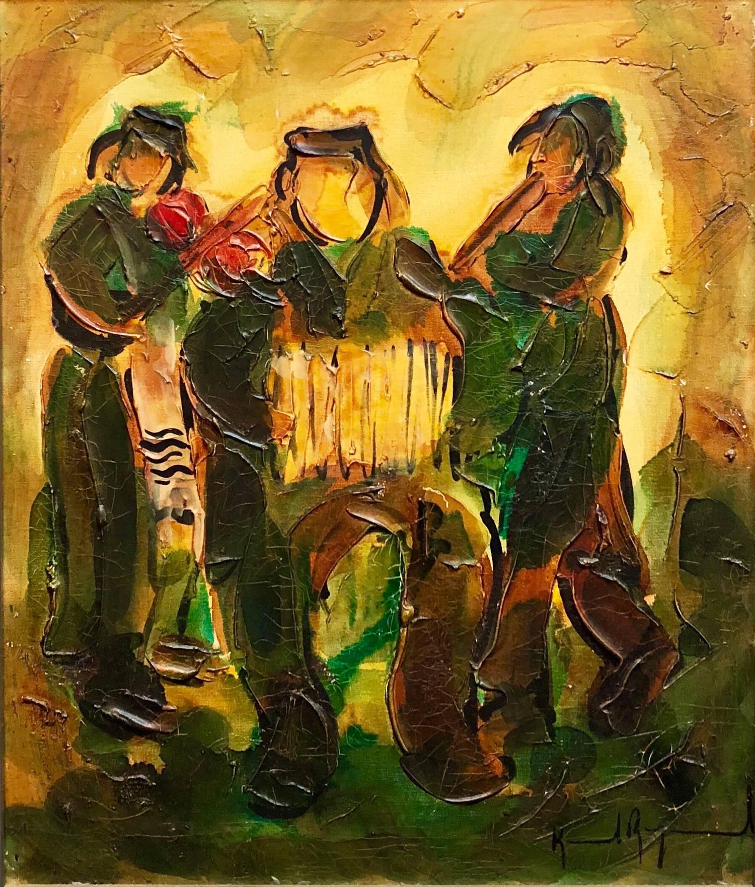 Jewish Klezmer Musicians, Israeli Judaica Impasto Palette Knife Oil Painting