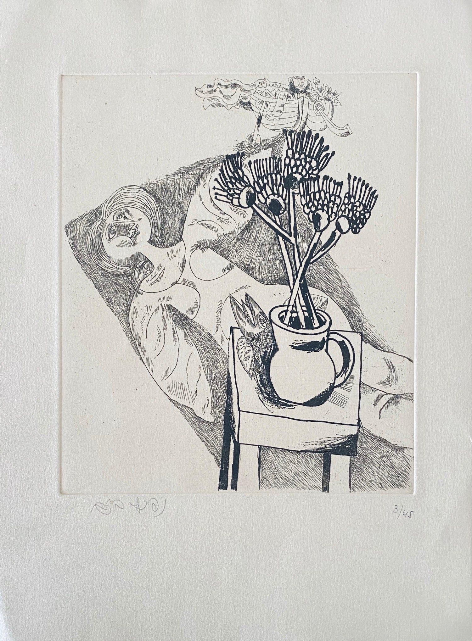 "Water He Asked Milk She Gave Him" Etching Israeli Judaica Bezalel School Woman