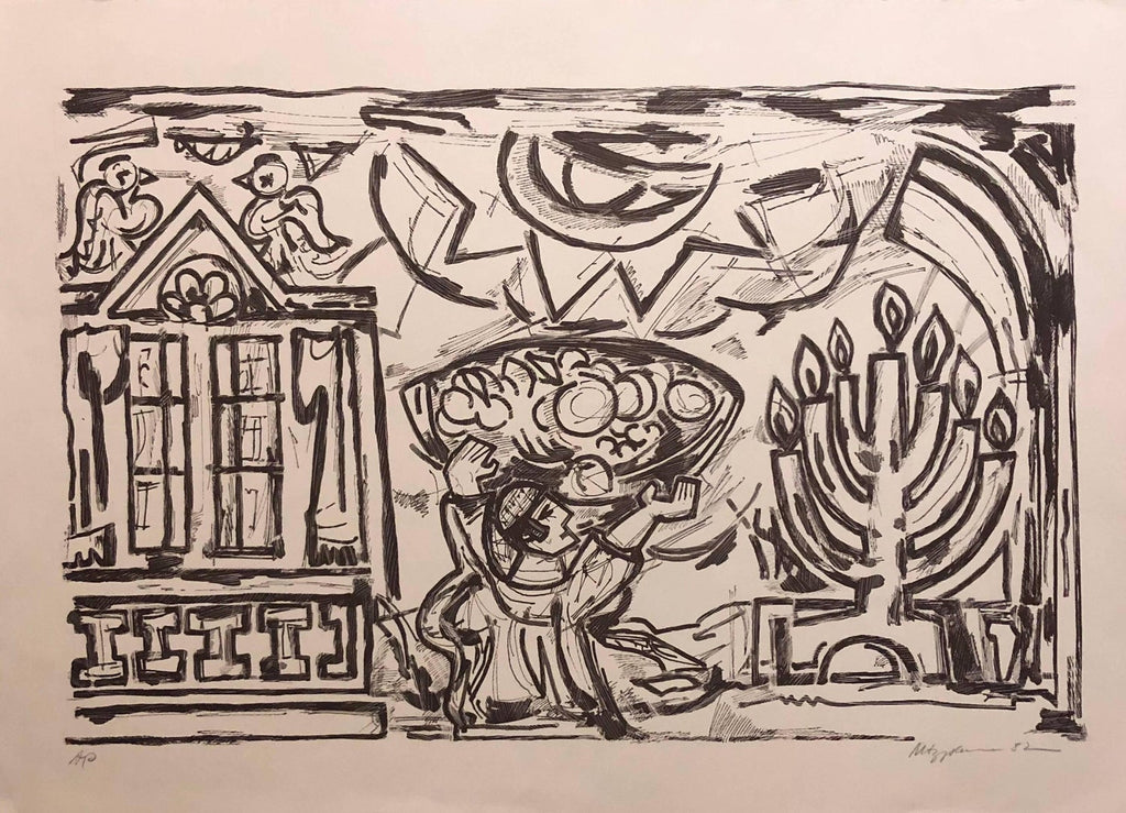 Jewish Shtetl Shabbat Candles Russian Judaica Etching w Hand Watercolor Painting