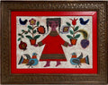 Girl & Plants Enamel Glazed Ceramic Plaque Israeli Artist Awret Naive Folk Art