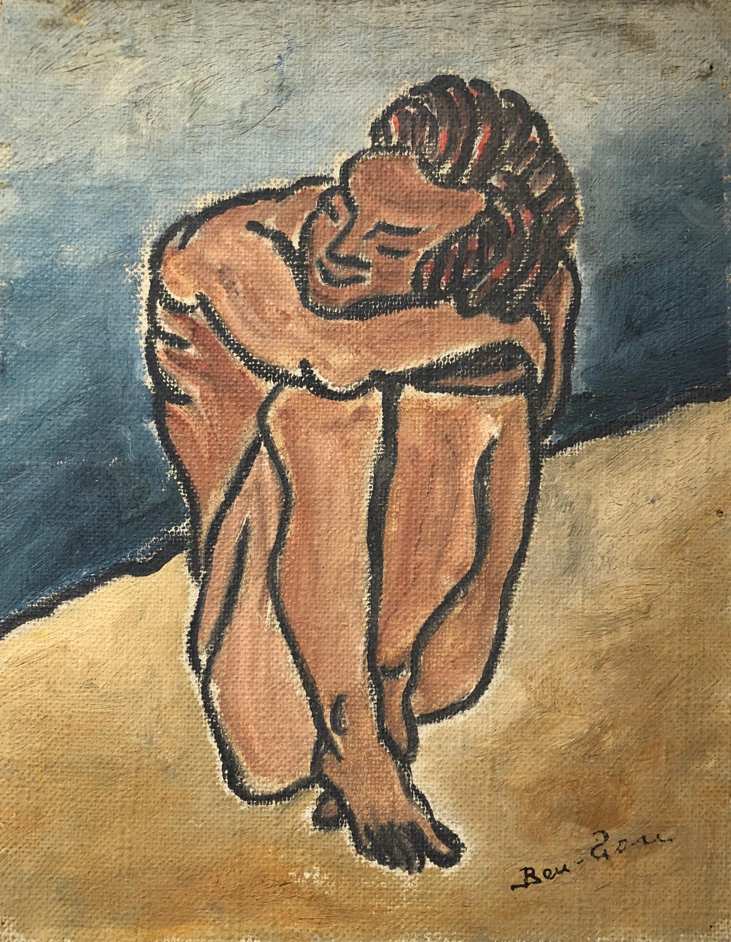 American Modernist Oil Painting Nude Male on Beach WPA Artist Group of 10