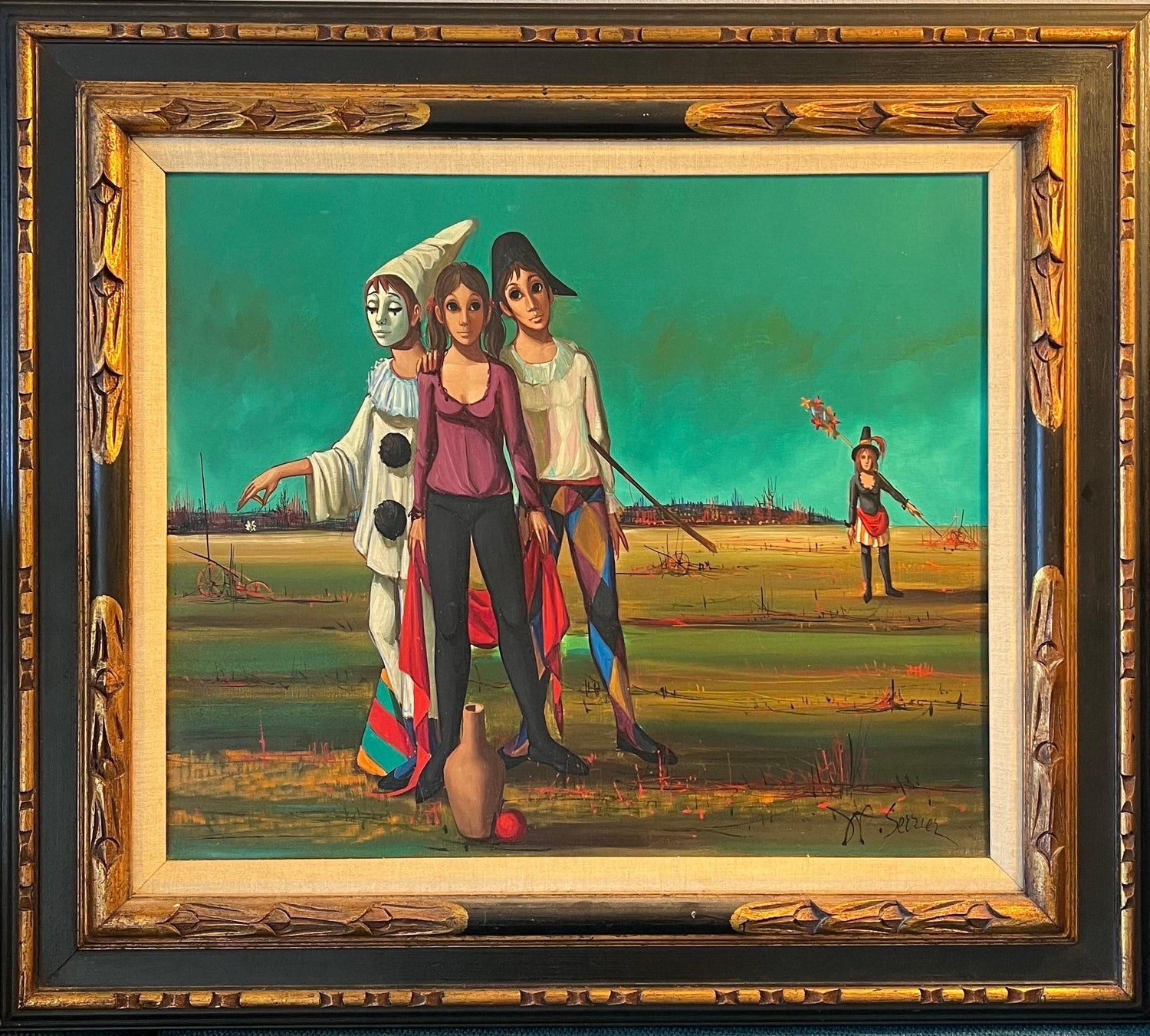 French Mod Surrealist Commedia dell'arte Circus Scene Oil Painting J.P. Serrier