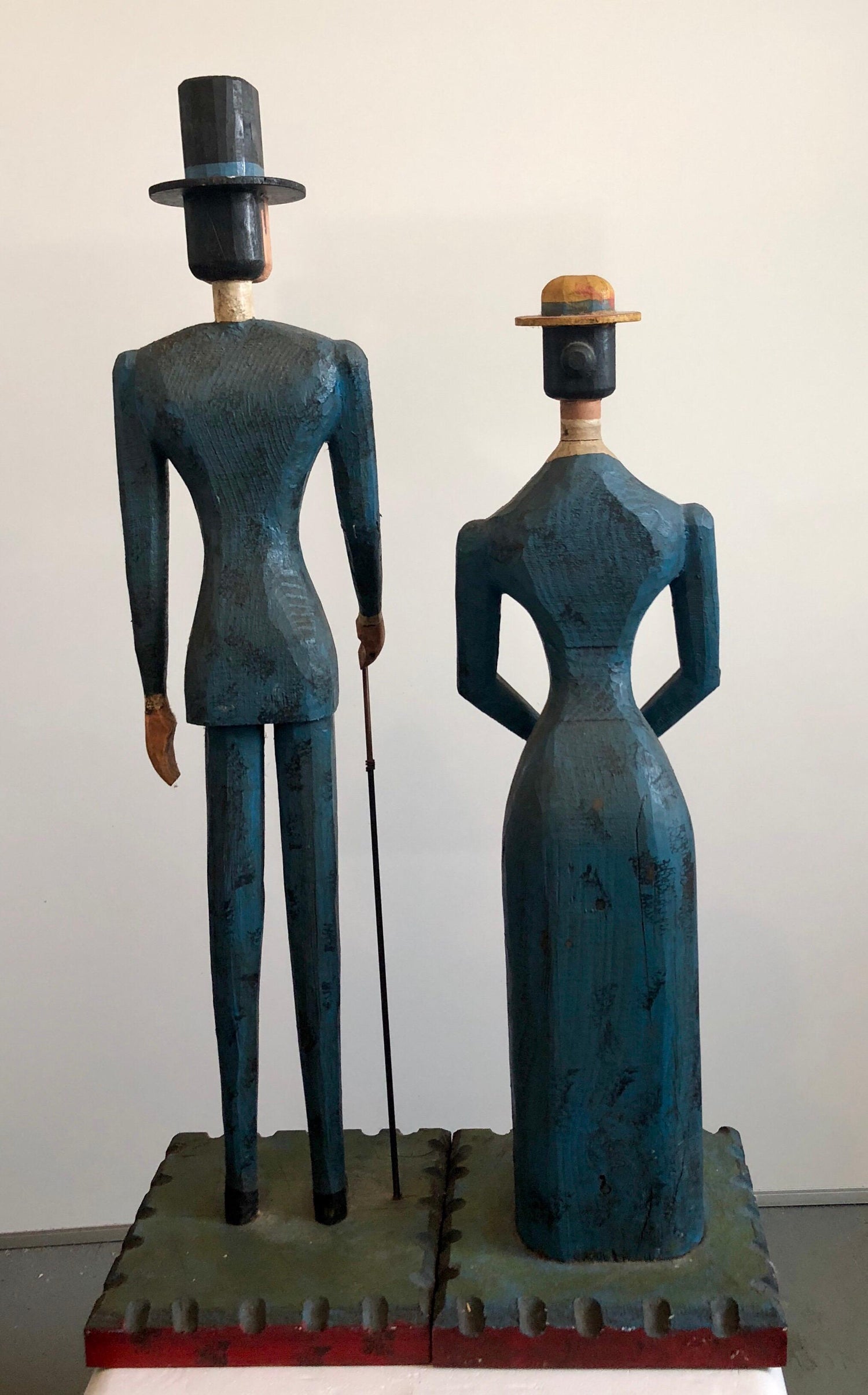 Hand Carved Painted Wood Folk Art Americana Sculpture Pair American Gothic