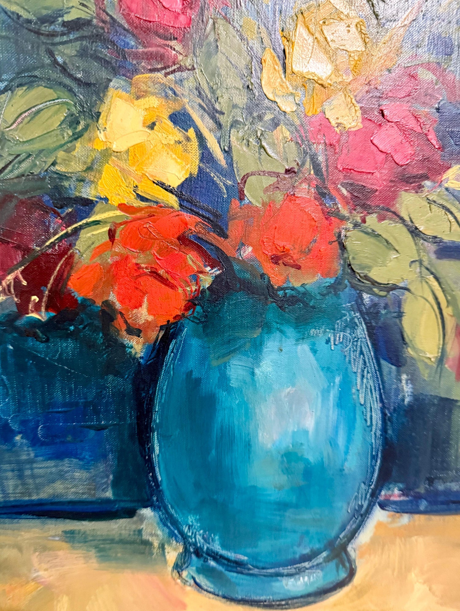 Czech American Floral Oil Painting Jan De Ruth Vibrant Modernist Flowers in Vase