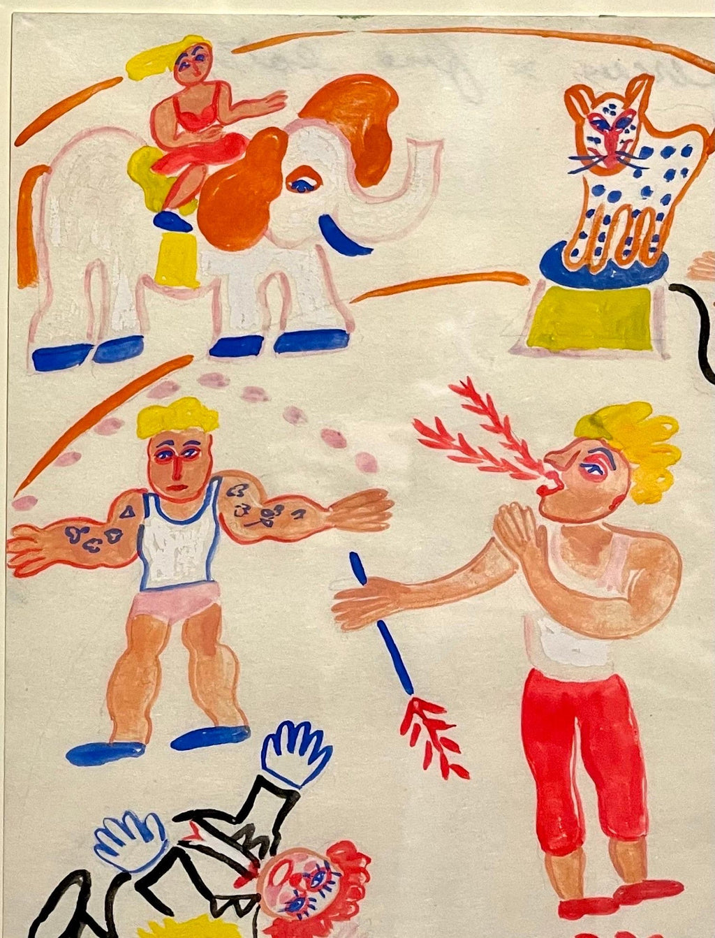 Malcah Zeldis Folk Art Gouache Painting Outsider Artist Circus Fire Eater, Tiger