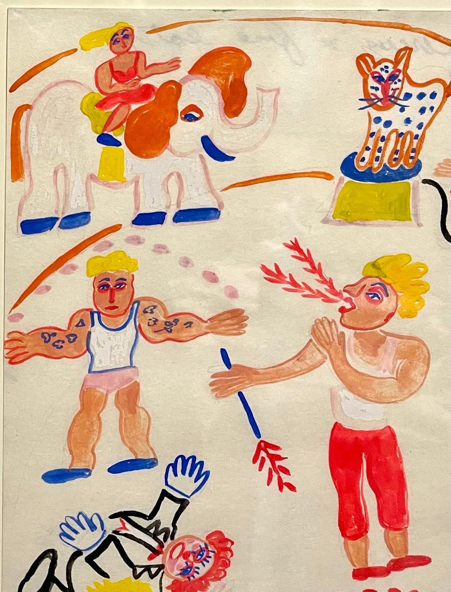 Malcah Zeldis Folk Art Gouache Painting Outsider Artist Circus Fire Eater, Tiger