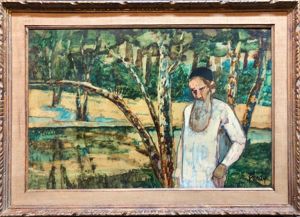 Judaica Meditative Rabbi at Prayer in Nature, Large Landscape Oil Painting