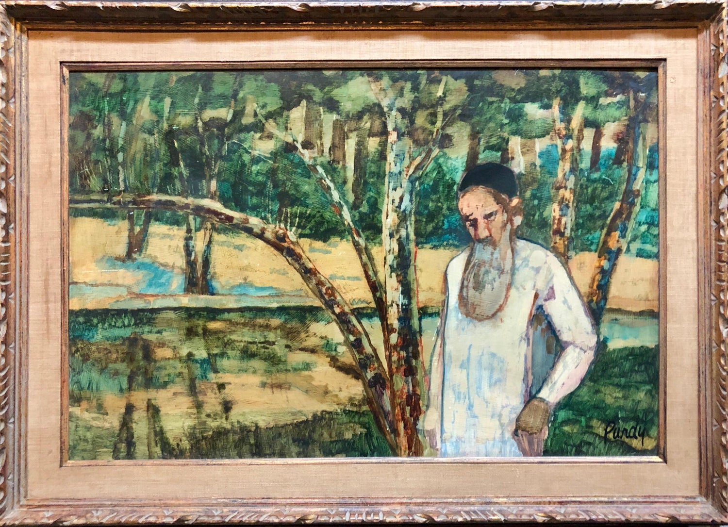Judaica Meditative Rabbi at Prayer in Nature, Large Landscape Oil Painting
