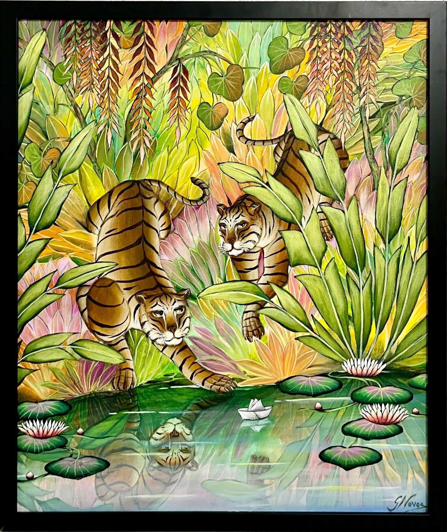 "Waterfalls" Lions, Zebras Tropical Jungle Painting Gustavo Novoa
