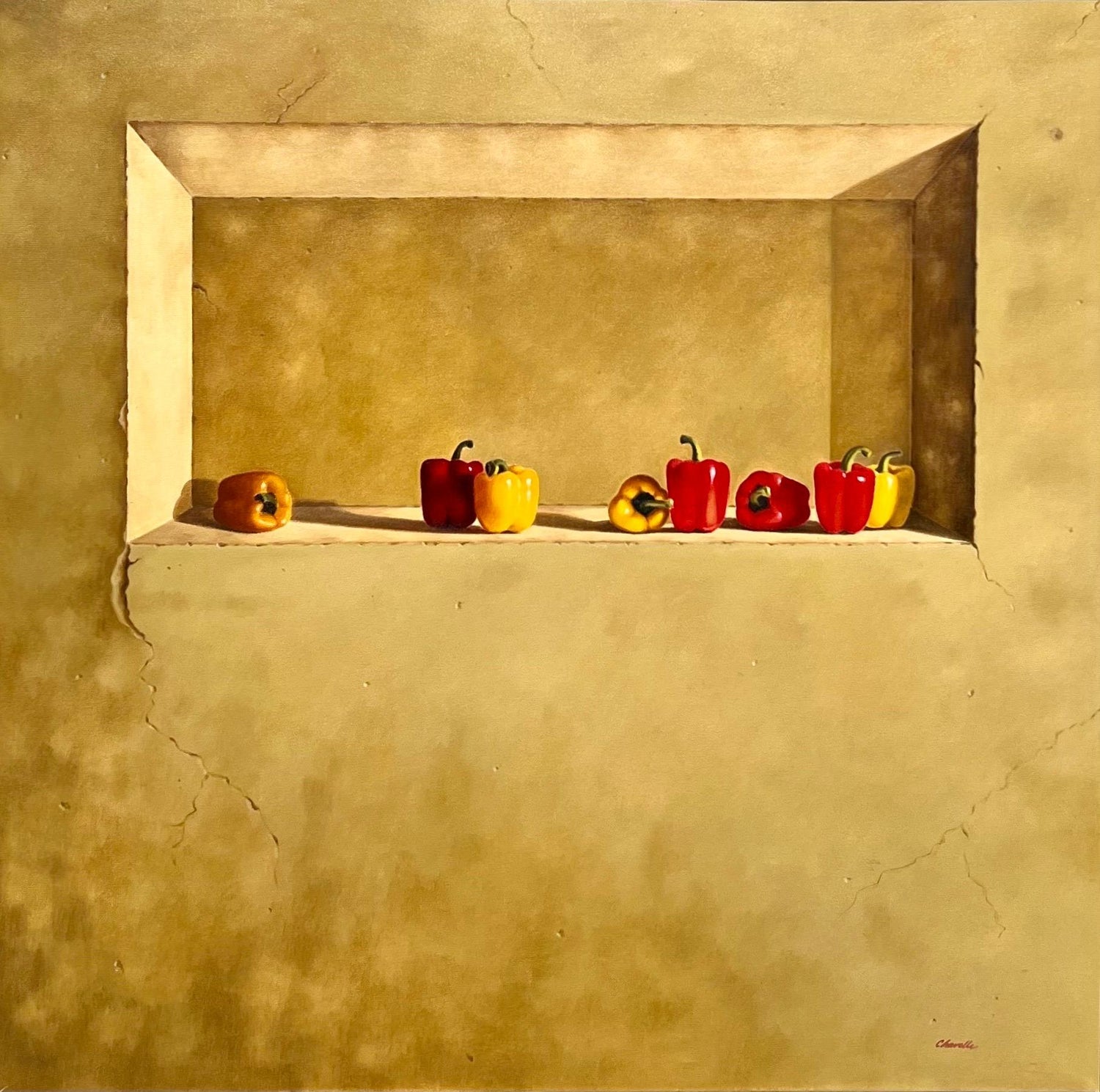 Large Trompe L'oeil Oil Painting Rene Chavelle Belgian Photo Realist Peppers