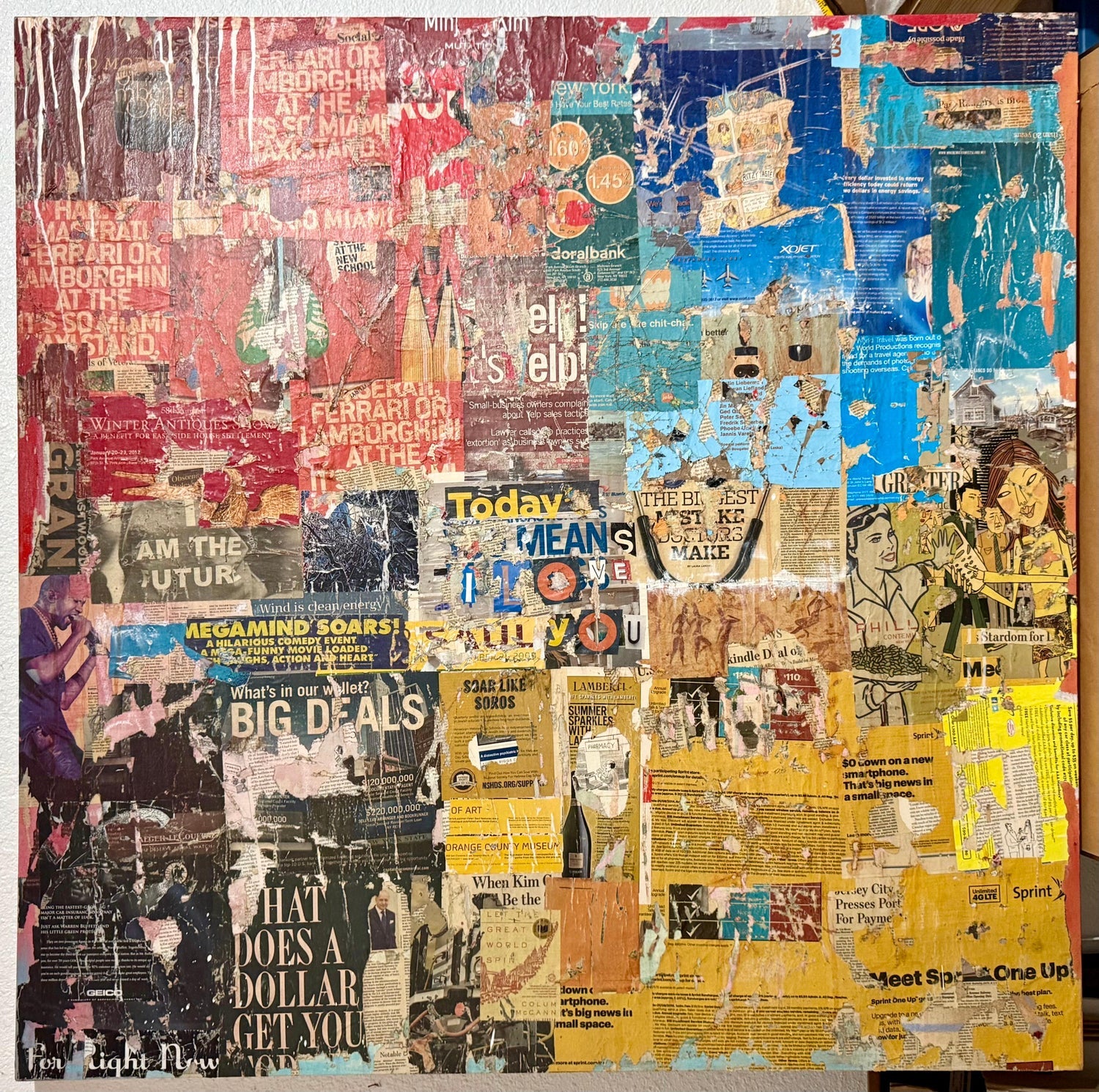Large Mike Falcon Torn Paper Collage Painting Assemblage Pop Art Decollage