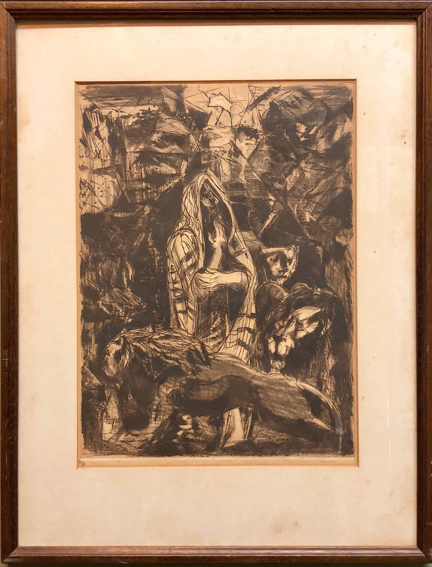 Modernist Daniel in Lions Den Biblical Judaica Etching Israeli Artist