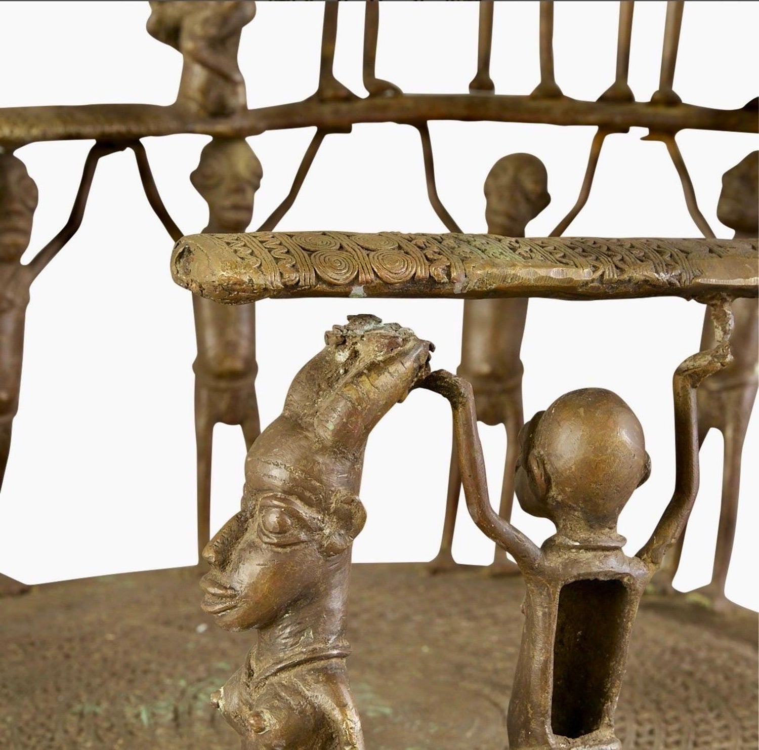 Rare African Solid Benin Bronze Ceremonial Throne Chair Multi Figure Sculpture