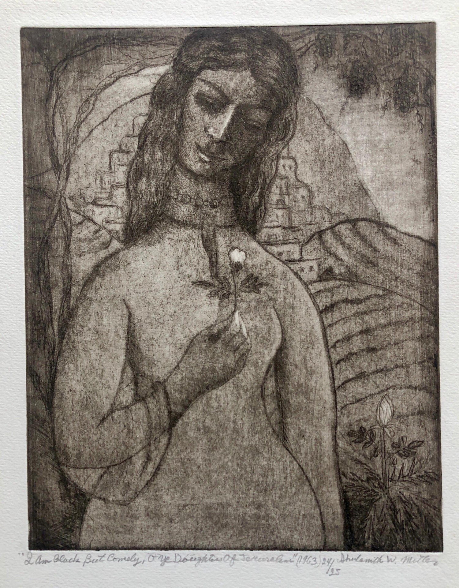 Modernist "I Am Black But Comely" Etching Israeli Judaica Bezalel School Woman