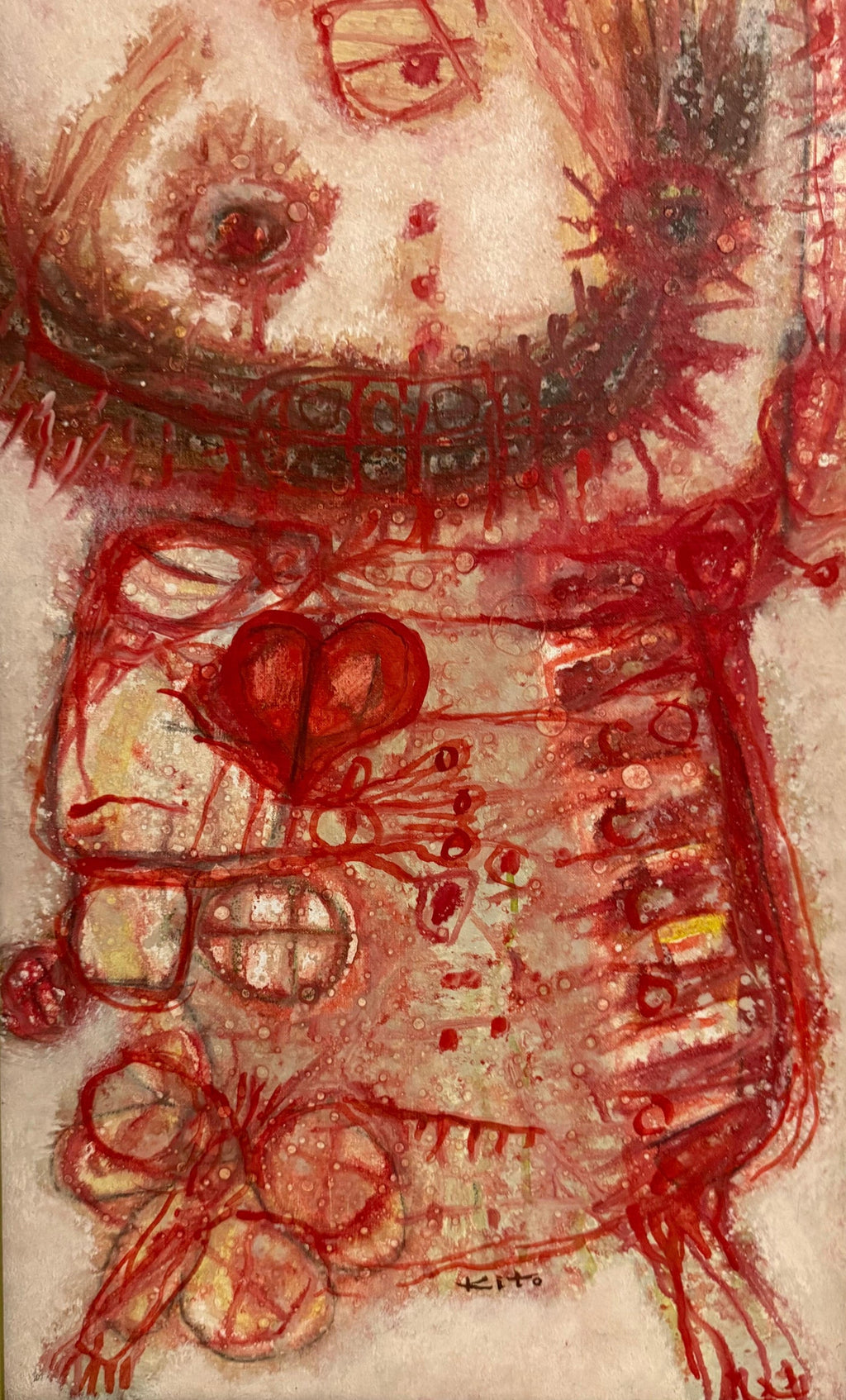 1963 French Japanese Art Brut Abstract Oil Painting Akira Kito Diable et Rouge