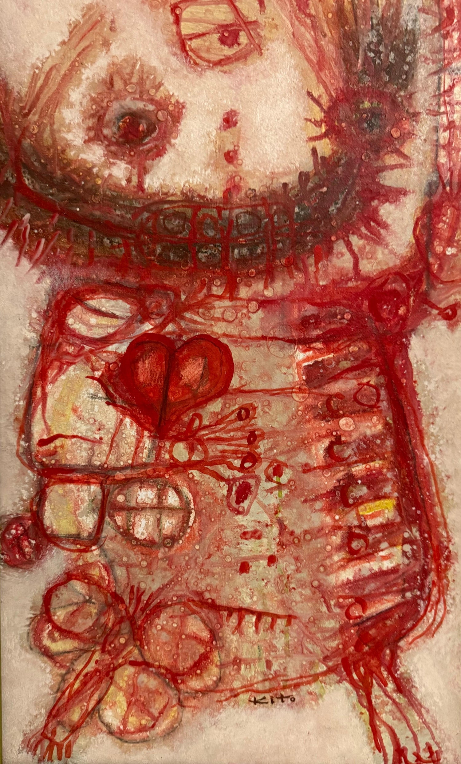 1963 French Japanese Art Brut Abstract Oil Painting Akira Kito Diable et Rouge