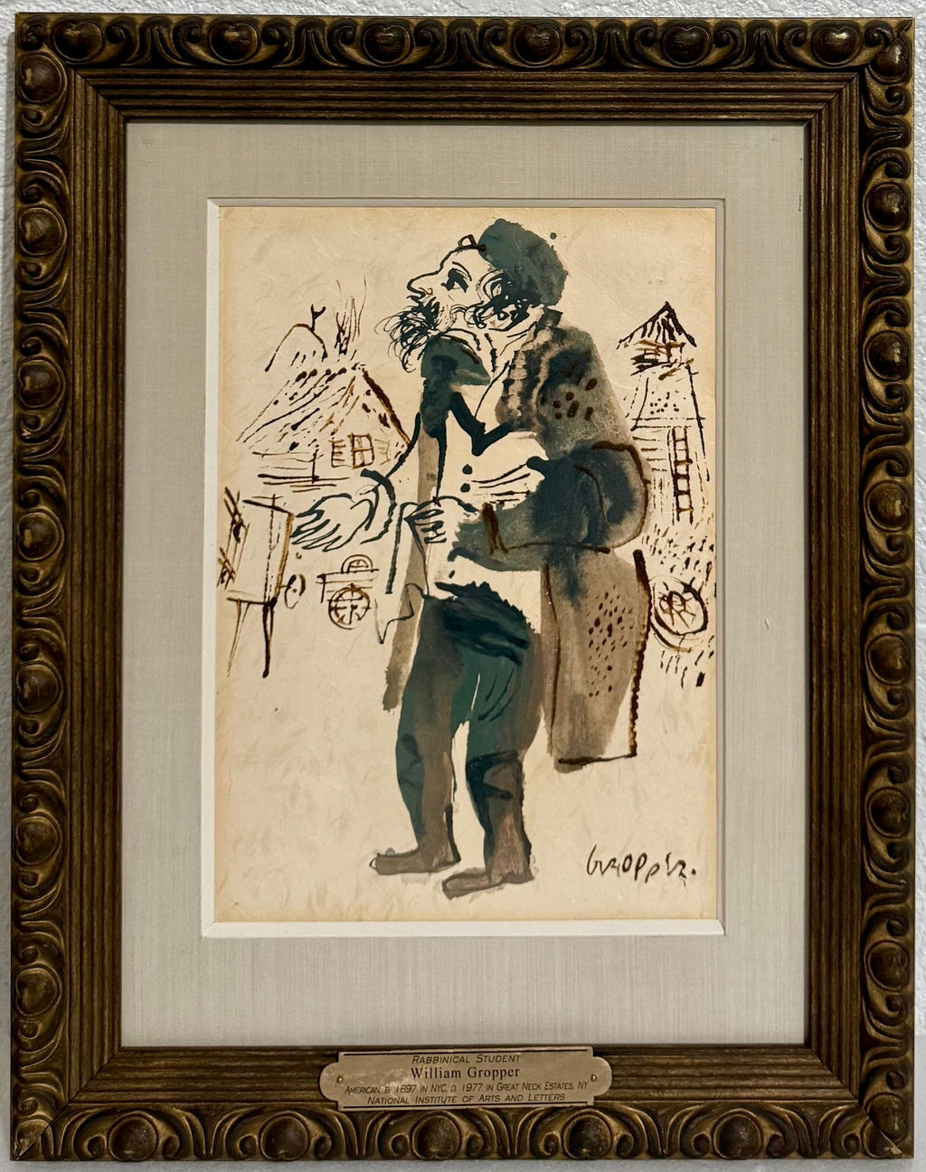 Jewish Rabbi Student Judaica Watercolor Gouache Painting WPA Art William Gropper