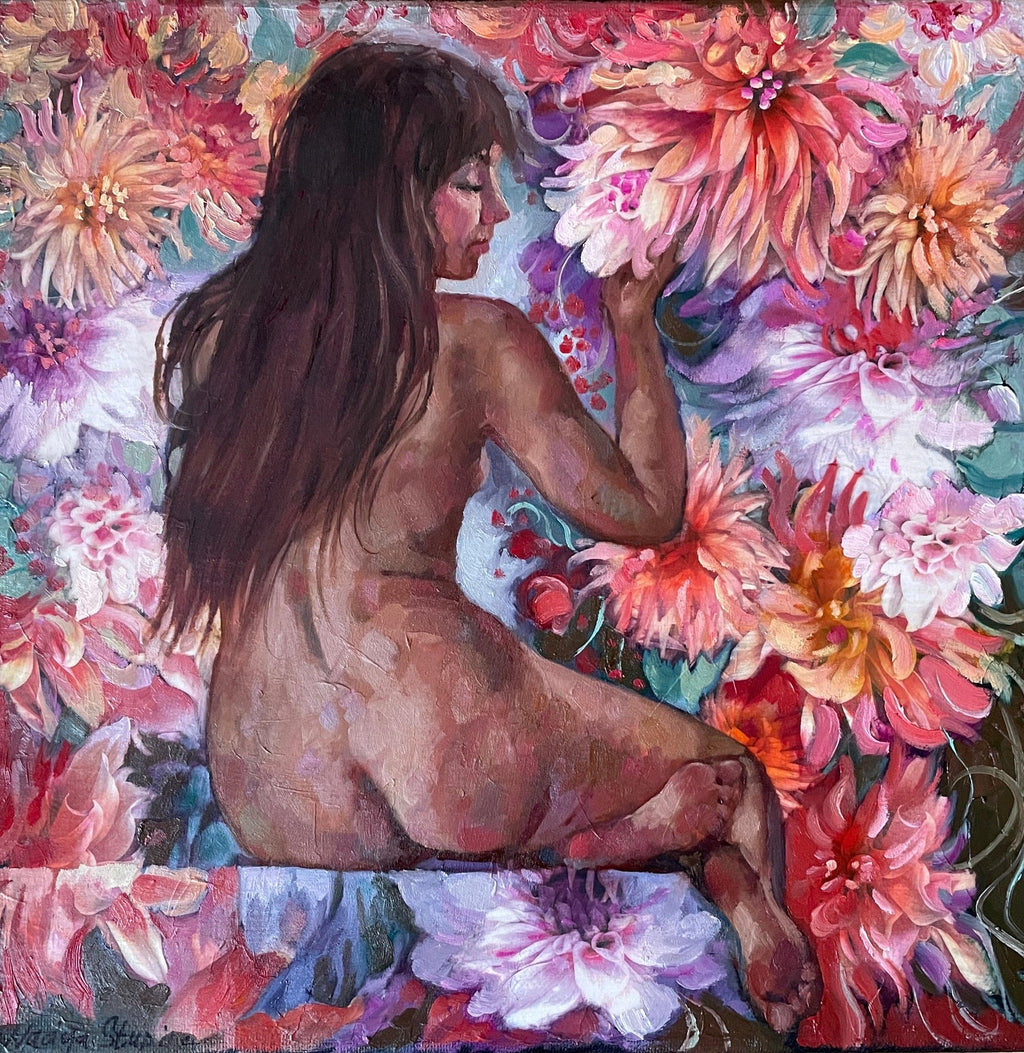 Vibrant Acrylic on Canvas Surrealist Erotic Flowers Painting Christine McGinnis