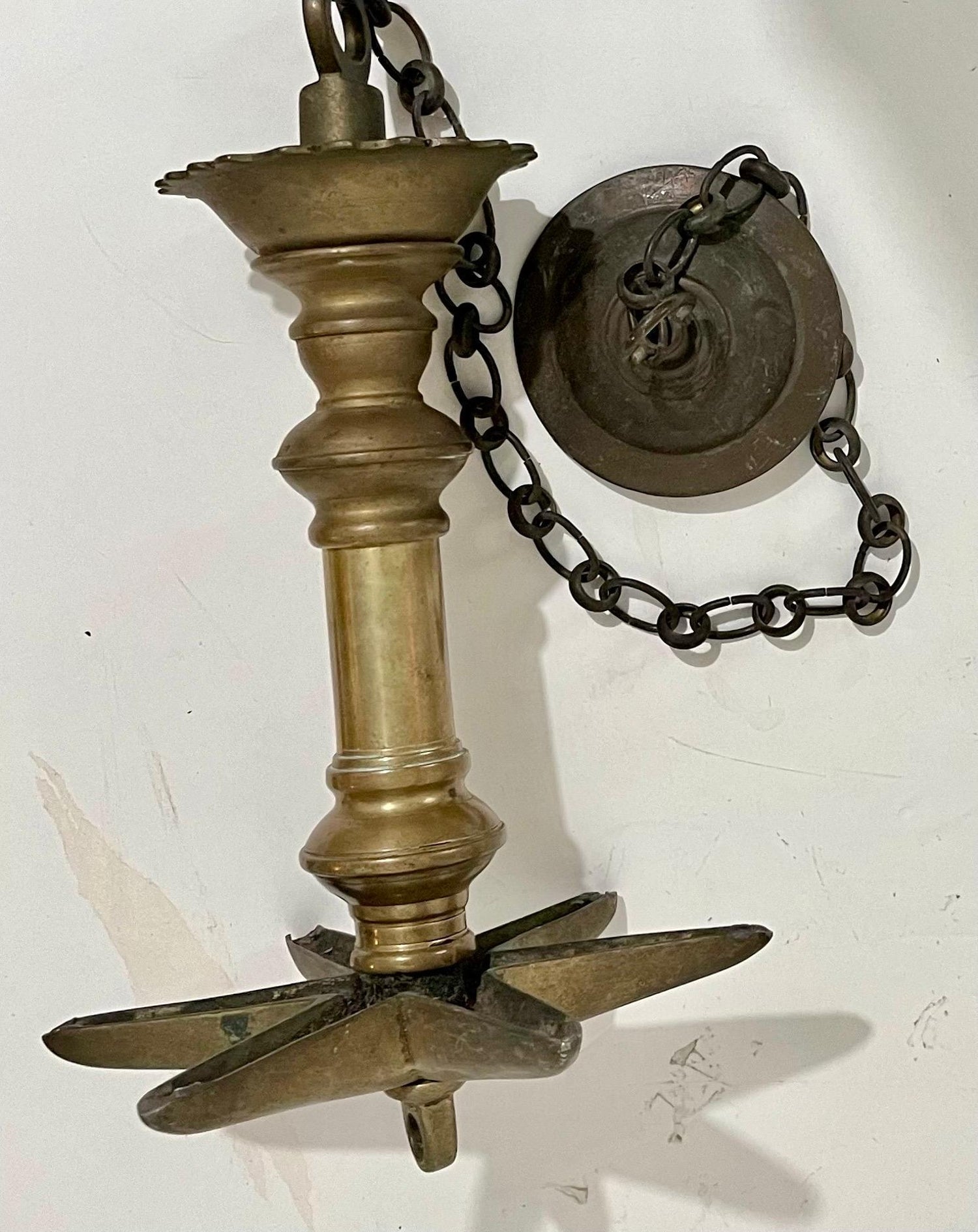 Rare Antique Judaica Hanging Bronze Jewish Synagogue or Temple Oil Lamp w Chain