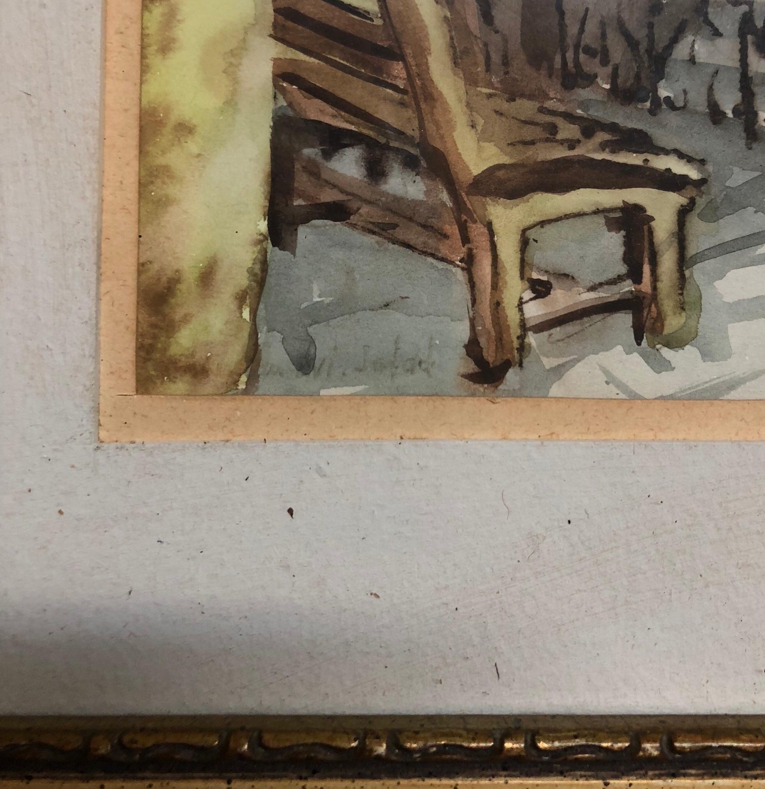 Israeli Modernist Safed Synagogue Interior Folk Art Watercolor Painting