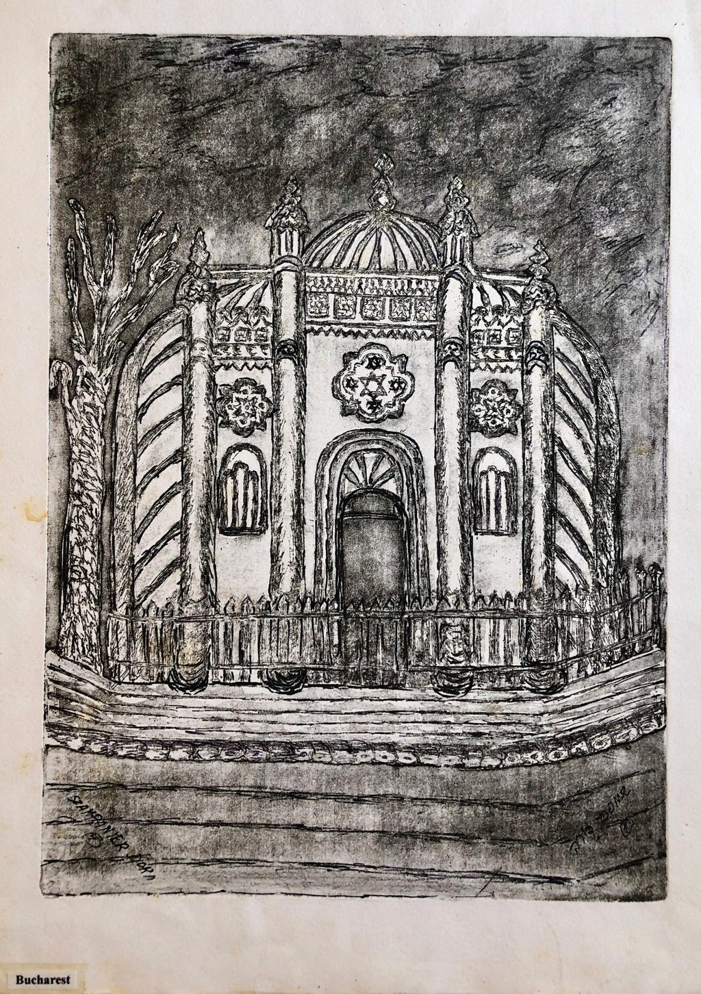 Bucharest Romania Jewish Memorial Etching Destroyed Synagogue Folk Art Judaica