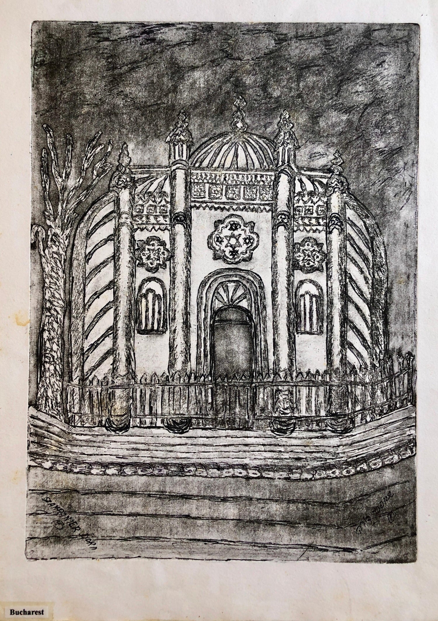 Bucharest Romania Jewish Memorial Etching Destroyed Synagogue Folk Art Judaica