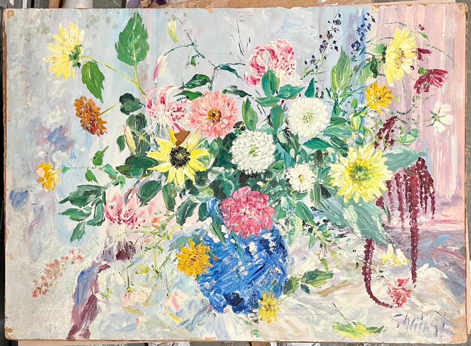 Large Bold Modernist Floral Bouquet Impasto Oil Painting Flowers Samuel Rothbort