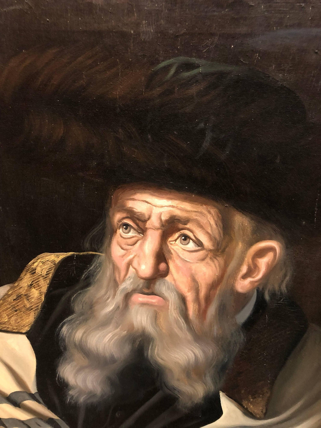 Hungarian Rabbi Judaica Oil Painting Hasidic Rabbi with Shtreimel