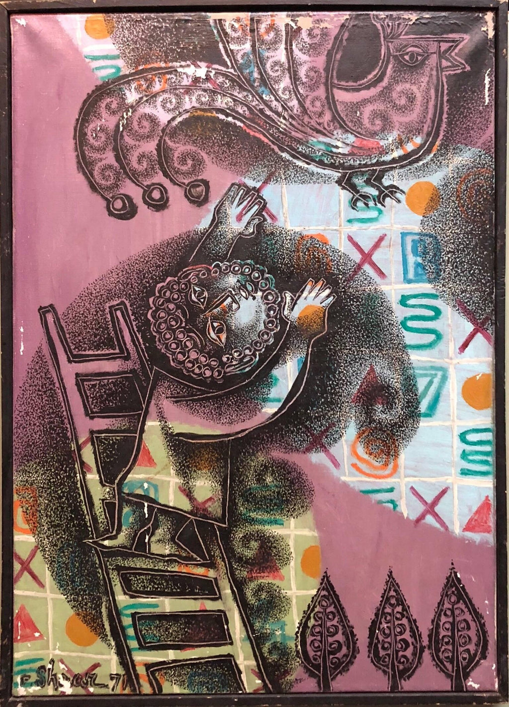 Modernist American Judaica Painting Purim, Dancing on Haman