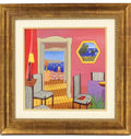Whimsical Naive Mediterranean Seaside Interior Folk Art Oil Painting Fanch Ledan